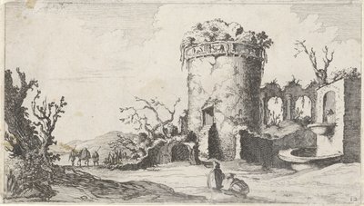 Fontein bij ruïne met een ronde toren Twaalf landschappen (serie) door Gillis van Scheyndel (I)