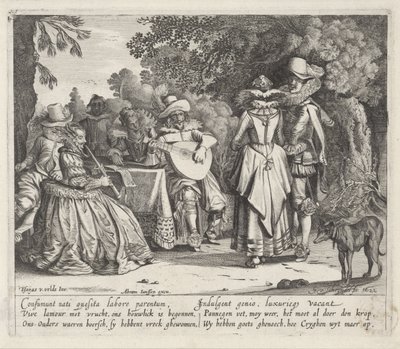 Musicerend elegant gezelschap in de openlucht door Gillis van Scheyndel (I)