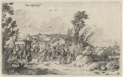 Rijtuig en ruiters op een landweg (Reuk, Landschappen met de vijf zintuigen) door Gillis van Scheyndel (I)