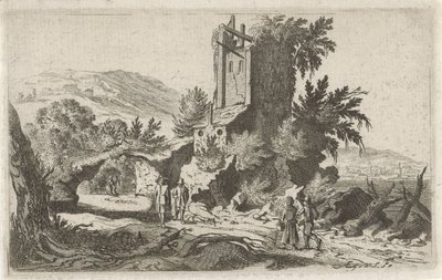 Wandelaars bij een ruïne door Gillis van Scheyndel (I)