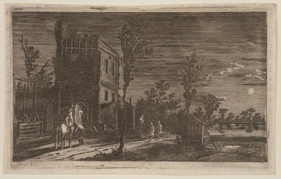 Figuren bij een vervallen toren: Nocturne bij maanlicht, uit Zes landschappen door Gillis van Scheyndel