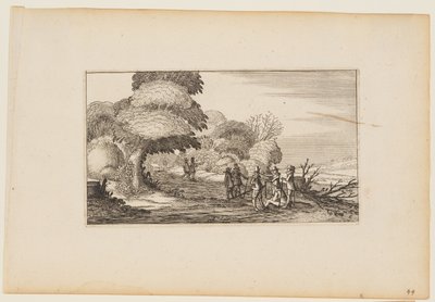 Mannen met musketten op een pad door bossen, uit twaalf landschappen met figuren door Gillis van Scheyndel