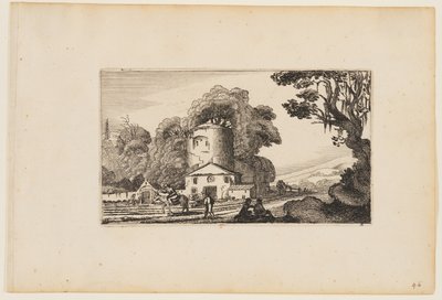 Pad voor boerderij gedomineerd door een ronde toren, uit Twaalf landschappen met figuren door Gillis van Scheyndel