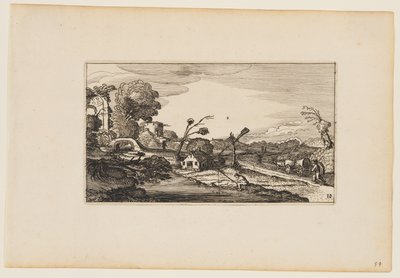 Pad rechts van het water; Romeinse ruïnes links achter, uit Twaalf landschappen met figuren door Gillis van Scheyndel