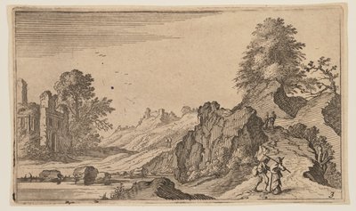 Voetgangers op een pad langs rotsen, ruïnes achter water links, uit Twaalf Landschappen door Gillis van Scheyndel