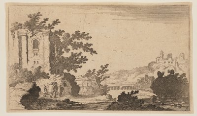 Ruïnes links van een rivier in een heuvelachtig landschap, uit Twaalf Landschappen door Gillis van Scheyndel