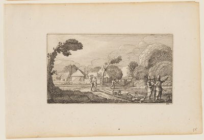 Enkele mannen op pad voor een boerderij, uit Twaalf landschappen met figuren door Gillis van Scheyndel