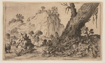 Herder die een blokfluit speelt voor een kudde geiten, uit Twaalf Landschappen door Gillis van Scheyndel