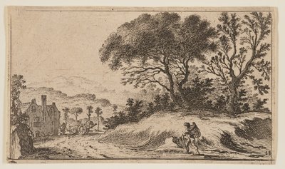 Reiziger op een pad voor drie bomen op een heuvel rechts, uit Twaalf Landschappen door Gillis van Scheyndel