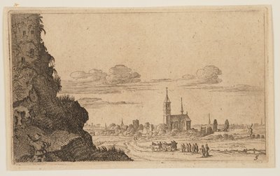 Twee mannen klimmen op rotsen naar ruïnes, uit Twaalf Landschappen door Gillis van Scheyndel