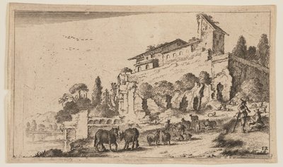 Villa met ruïnes op een heuvel rechts van de rivier, uit Twaalf Landschappen door Gillis van Scheyndel