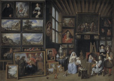 Een schilderijengalerij met een kunstenaar die een vrouw en een meisje schildert. Allegorie van de schilderkunst door Gillis van Tilborgh