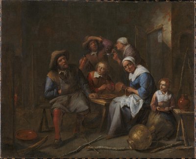 Een Interieur met Ambachtslieden en Boeren die Eten en Drinken door Gillis van Tilborgh