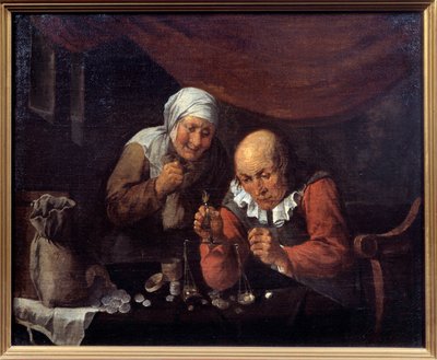 Het hebzuchtige paar van oude mannen die hun bezittingen wegen. Schilderij door Gillis Van Tilborgh door Gillis van Tilborgh