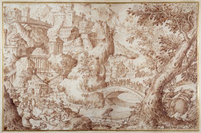 Fantastisch berglandschap met bruggen over ravijnen, een stad en reizigers door Gillis van Valckenborch