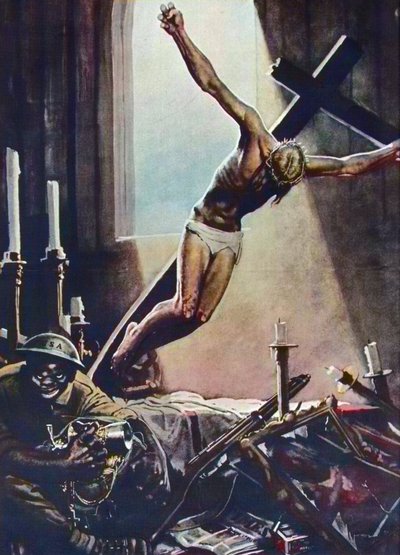 Anti-Amerikaanse WOII-poster - Zwarte Amerikaan plundert kerk - Poster door Gino Boccasile (1901-1952) - Italiaanse propaganda anti-USA 1943 door Gino Boccasile