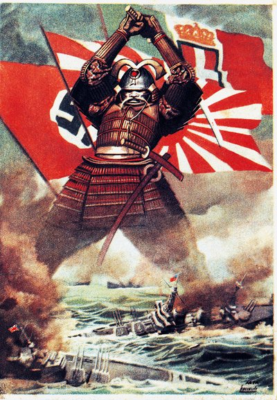 Japanse samurai die Amerikaanse vloot tot zinken brengt bij Pearl Harbor (7 december 1941), poster door Gino Boccasile (1901-1952), Tweede Wereldoorlog, Italië, 20e eeuw door Gino Boccasile