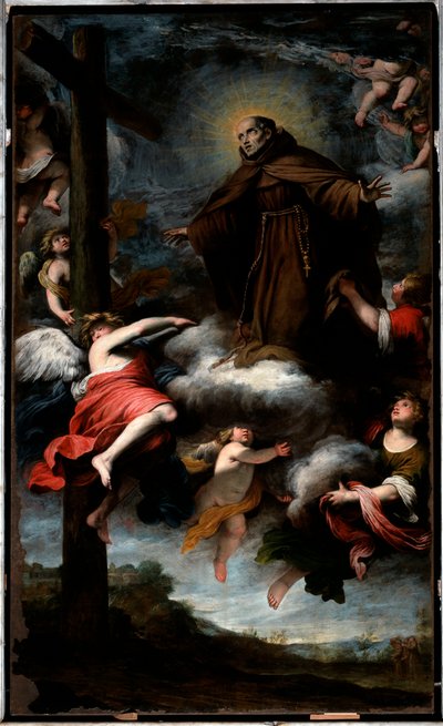 Voorstelling van Sint Louis van Anjou die het kruis aanbidt (olie op doek) door Gio Bernardo Carbone
