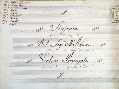 Detail van eerste pagina van viool muziekpartituur voor een symfonie door Gioacchino Rossini door Gioachino Rossini