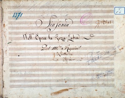 Eerste pagina van muziekpartituur van symfonie in La gazza ladra (De stelende ekster) door Gioacchino Rossini door Gioachino Rossini