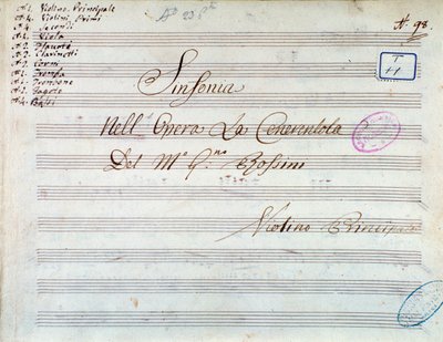 Titelpagina van muziekpartituur voor viool voor symfonie in Assepoester, of Triomferende Goedheid door Gioacchino Rossini door Gioachino Rossini