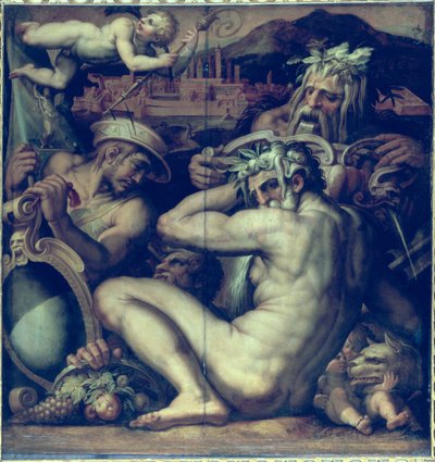 Allegorie van de steden Sansepolcro en Anghiari van het plafond van de Salone dei Cinquecento door Giorgio (and workshop) Vasari