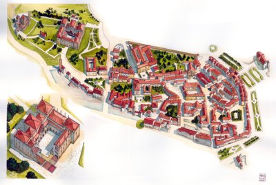 Luchtfoto van de stad Guimaraes: links het kasteel en klooster uit de 11e eeuw. Portugal. Illustratie door Giorgio Albertini. (Het gebruik van de werken van deze auteur is niet onderworpen aan een aanvraag voor toestemming van een derde partij of aan t door Giorgio Albertini