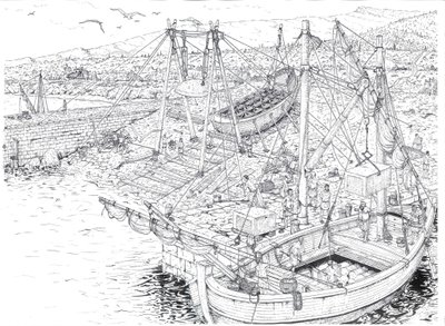 Antiquite: het vervoer per schip van marmer waarschijnlijk uit de steengroeven van Carrara (Carrara). 2e eeuw na JC Italië Illustratie van Giorgio Albertini. (Het gebruik van de werken van deze auteur is niet onderworpen aan een aanvraag voor toestemming v door Giorgio Albertini