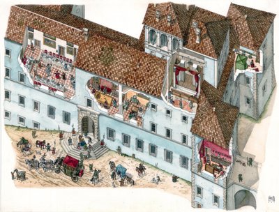 Barokkunst: aanzicht en architecturale doorsnede van het paleis Chigi a Ariccia, Lazio, in de 17e eeuw. Het interieur van de familiekamers en de bijgebouwen van de bedienden zijn zichtbaar. Italië door Giorgio Albertini
