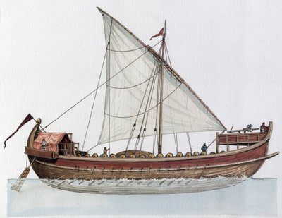 Byzantijnse Rijk: reconstructie van een dromon, oorlogsschip, 9e-11e eeuw. door Giorgio Albertini