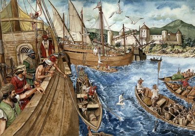 Kolonisatie van de Goudkust (Ghana) in Afrika: de Portugezen vertrokken op 21/01/1482 naar de kust van Guinee en bouwden het fort van Sao Jorge de Mina (Elmina) om de goud- en slavenhandel te versterken. Portugese karavanen vertegenwoordigd langs de Afrika door Giorgio Albertini