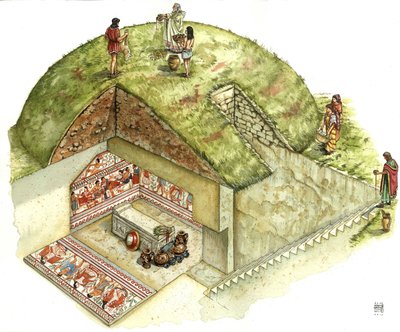 Etruskische beschaving: reconstructie en uitsnede van het graf van Triclinio (triclinium), necropolis van Tarquinia. 5e eeuw v.Chr. Italië Illustratie van Giorgio Albertini. door Giorgio Albertini
