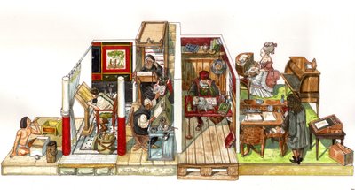 Evolutie van de schrijfkunst, kantoren en geschriften: van links naar rechts, een scribent in het oude Egypte, de antiquiet dan het middeleeuwse scriptorium (copist monnik), een ontdekkingsreiziger navigator aan het werk in zijn kantoor, een kantoor in de  door Giorgio Albertini