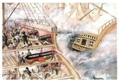 Napoleontische oorlog: de Slag bij Trafalgar, uitgevochten op 21/10/1805 tussen de Frans-Spaanse vloot onder leiding van admiraal Villeneuve en de Britse vloot onder leiding van vice-admiraal Nelson. Dwarsdoorsnede van het schip met het interieur, s door Giorgio Albertini