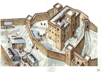 Middeleeuwse architectuur: reconstructie van het kasteel van de stad Udine in de 14e eeuw. Italië Illustratie door Giorgio Albertini. (Het gebruik van de werken van deze auteur is niet onderworpen aan een aanvraag voor toestemming van een derde partij of a door Giorgio Albertini