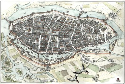 Middeleeuwen: luchtfoto van de stad Lübeck in Duitsland met stratenplan, waarop de geografische ligging op een eiland bij de samenvloeiing van de rivieren Wakenitz en Trave te zien is. 15e eeuw. Duitsland Illustratie door Giorgio Albertini. (Het gebruik va door Giorgio Albertini