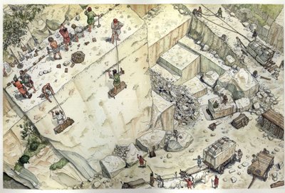 Middeleeuwen: luchtfoto van arbeiders in de marmergroeven van Carrara (Carrara) in de 15e eeuw. De verschillende stappen zijn afgebeeld, extractie, blokgrootte, transport. Italië Illustratie door Giorgio Albertini. (Het gebruik van de w door Giorgio Albertini