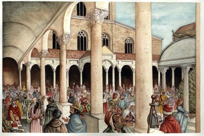 Middeleeuwen: fideles, pelerins, handelaren en Romeinen in de 13e eeuw afgebeeld in de peristyle (ingang) van de oude Sint-Pietersbasiliek van Rome (Sint-Pieter of Basiliek van San Pietro of Basiliek van Constantijn) uit het Romeinse Rijk, Rome door Giorgio Albertini