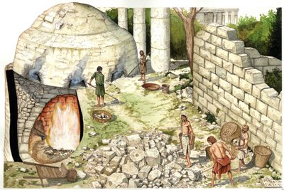 Middeleeuwen: reconstructie van een kalkoven (chaufour), arbeiders bewerken kalksteen. Illustratie door Giorgio Albertini. (Het gebruik van de werken van deze auteur is niet onderworpen aan een aanvraag voor toestemming van een derde partij of aan de betal door Giorgio Albertini