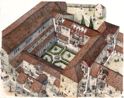 Middeleeuwen: reconstructie van een klooster en het leven van nonnen of monniken. Door de uitsnijdingen kun je de innerlijke scènes zien. Illustratie door Giorgio Albertini. (Voor het gebruik van de werken van deze auteur is geen toestemming van derden ver door Giorgio Albertini