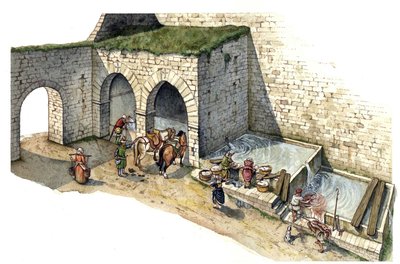 Middeleeuwen: reconstructie van een bronwaterfontein in Midden-Italië in de 15e eeuw. Het wordt gebruikt als wasplaats, drenkplaats en waterpunt voor de inwoners van de stad. door Giorgio Albertini
