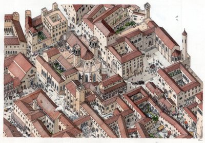 Middeleeuwen: reconstructie van de historische wijk Barri Gotic (barrio gotico) in Barcelona in de 14e eeuw. De Cathedrale Sainte-Eulalie (Sint Eulalie) is zichtbaar. Spanje Illustratie door Giorgio Albertini. (Het gebruik van het werk van deze auteur is n door Giorgio Albertini