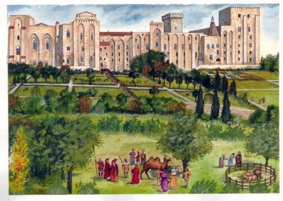 Middeleeuwen: uitzicht op het Pausenpaleis in Avignon, toen het de residentie van de pausen was. In de tuin wandelen leden van de curie om exotische dieren te bewonderen (kameel, leeuwen) 14e eeuw. door Giorgio Albertini