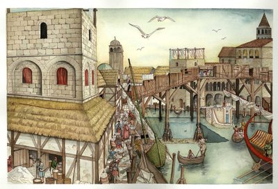 Middeleeuwen: zicht op de Rialtobrug in de 11e eeuw en activiteiten in Venetië, Italië. door Giorgio Albertini