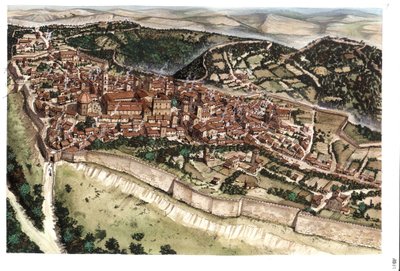 Middeleeuwen: zicht op de middeleeuwse stad Volterra, omringd door stadsmuren, in de 14e eeuw. Toscane. Italië Illustratie door Giorgio Albertini. (Het gebruik van de werken van deze auteur is niet onderworpen aan een aanvraag voor toestemming van een derd door Giorgio Albertini