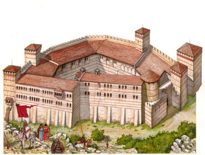 Middeleeuwen: uitzicht op het klooster van Tarnowo in de 14e eeuw in Servië (het huidige Kosovo). door Giorgio Albertini