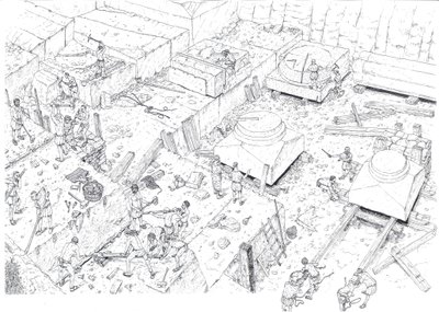 Middeleeuwen: aanzicht van arbeiders aan het werk in de marmergroeven van Carrara (Carrara) in de 15e eeuw. Italië Illustratie door Giorgio Albertini. (Voor het gebruik van de werken van deze auteur is geen toestemming van derden vereist. o door Giorgio Albertini