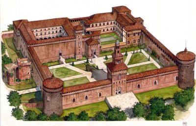 Overzicht van het kasteel van de vesting Sforza (Castello Sforzesco) gebouwd door hertog Francesco Sforza in de 15e eeuw in Milaan, Italië. door Giorgio Albertini