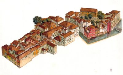 Reconstructie van het Joodse getto van Venetië, met synagogen, in de wijk Cannaregio. Italië. door Giorgio Albertini