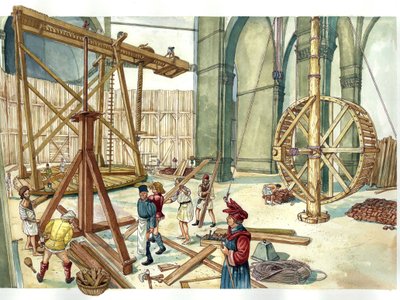 Renaissance: reconstructie van de bouwplaats van de koepel van de kerk Santa Maria del Fiore (Duomo) op de plannen van architect Filippo Brunelleschi. 1436. Florence Italië Illustratie door Giorgio Albertini. (Het gebruik van werken van deze auteur is niet door Giorgio Albertini